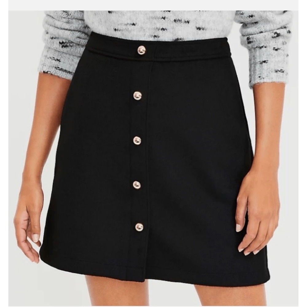 LOFT Women Black Button Front A-Line Mini Skirt 4 Tall Gold Buttons NWT Pockets